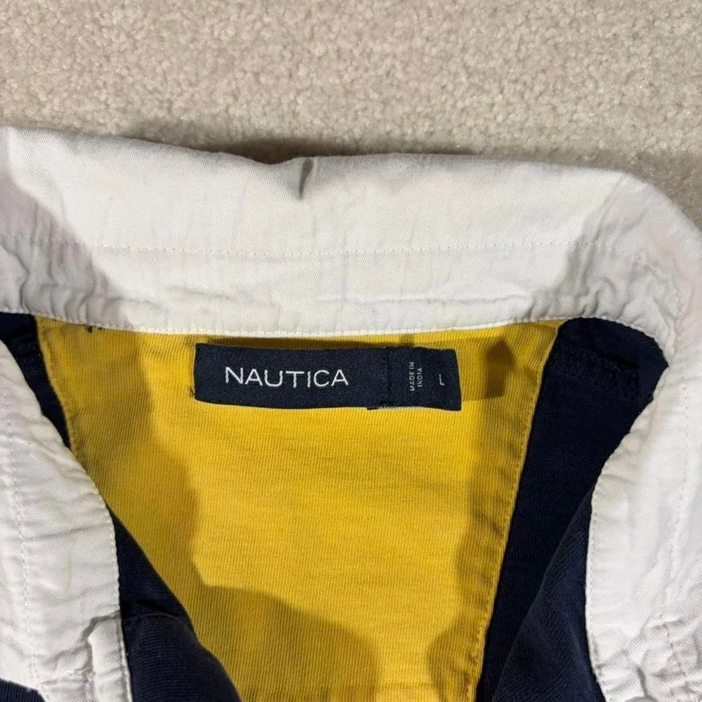 Nautica Rugby Shirt Mens‎ Large Blue Red Yellow Striped Long Sleeve Polo Vintage